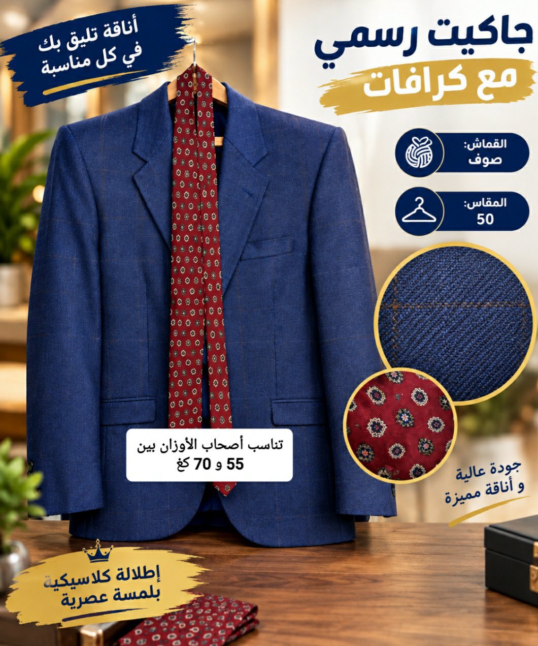 جاكيت رجالي صوف شبه جديدة قياس 50 مع كرافات بسعر 40$